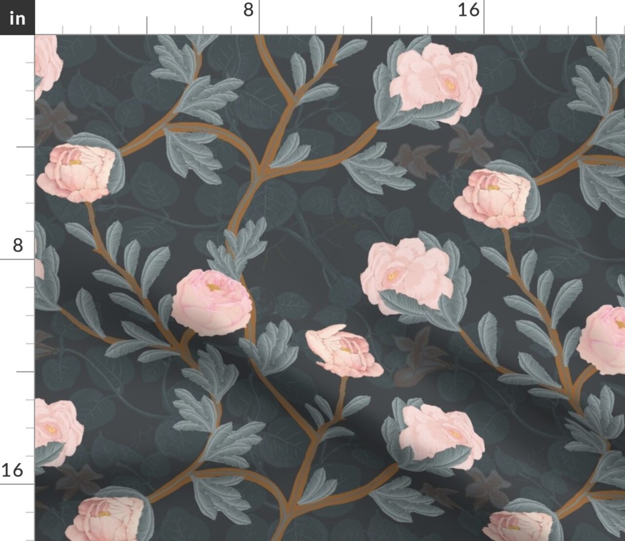 Elegant Rose Blush Pink Charcoal Gray Feminine Floral Chinoiserie Custom Printed Fabric by Spoonflower Various Fabrics by the Yard or Fat Quarter